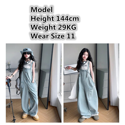 New Fashion Kids Girls Overalls Jumpsuit Jeans Loose Casual Children Denim Bib Suspender Pants Teenagers Denim Dungarees 5-14 T