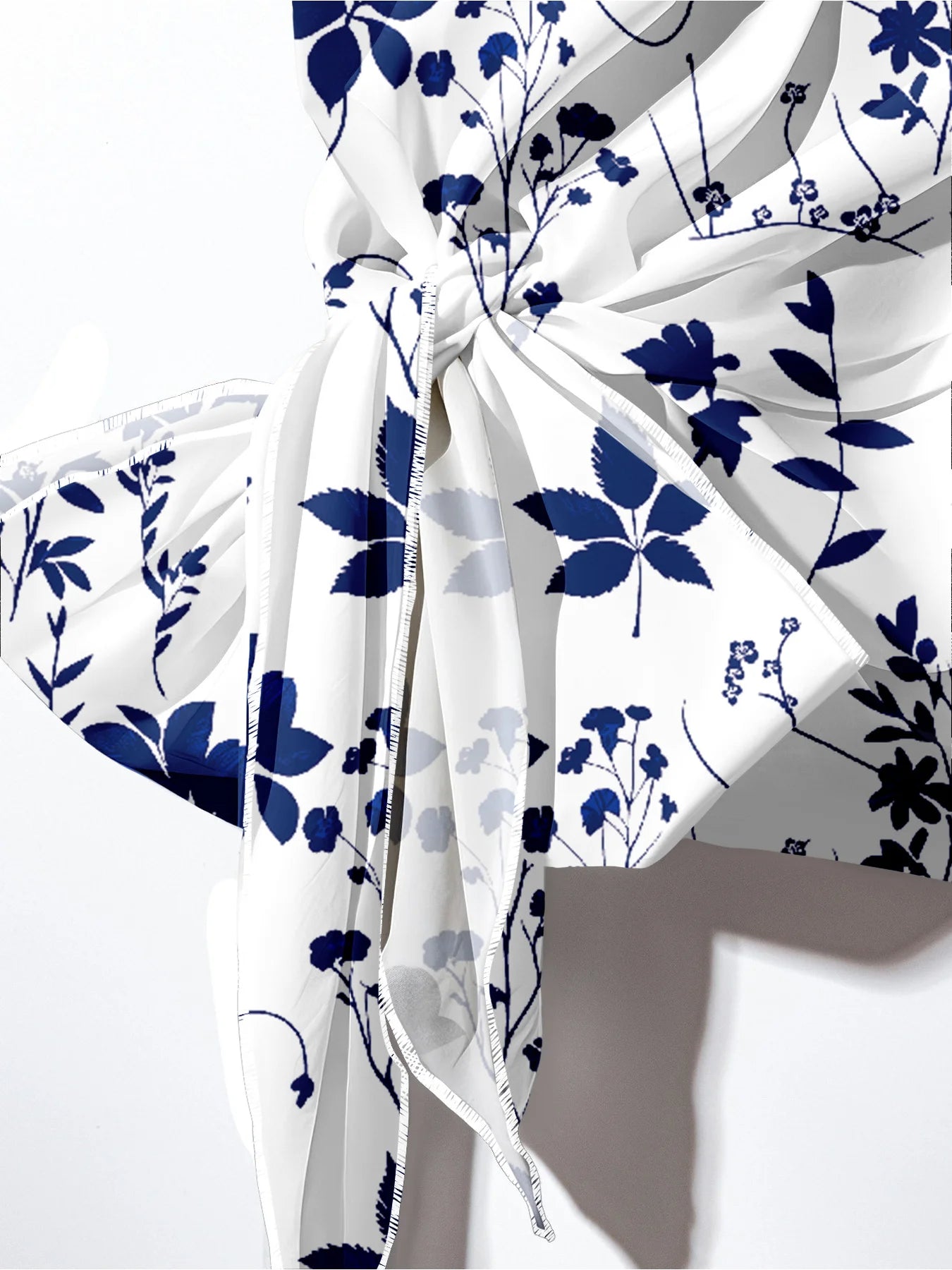 Summer Comfortable and Casual Women's Plus Size White Plant Pattern Twisted Top, Navy Blue Wide Leg Pants Set, Two-Piece Set