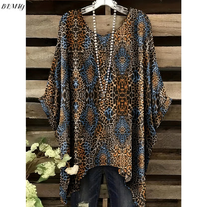Bohemian Floral Tunic Plus Size Women's Bohemian Floral Print Tunic T-Shirt Short Sleeve Round Neck Casual Top Vibrant 2025