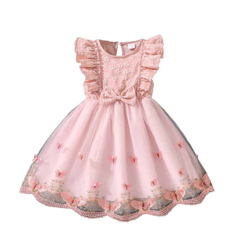 Dress For Girls Yellow O-Neck Fly-Sleeve Tulle Bowknot 8-12 Years Summer Elegant Sweet Style Princess Dress Kids Clothing