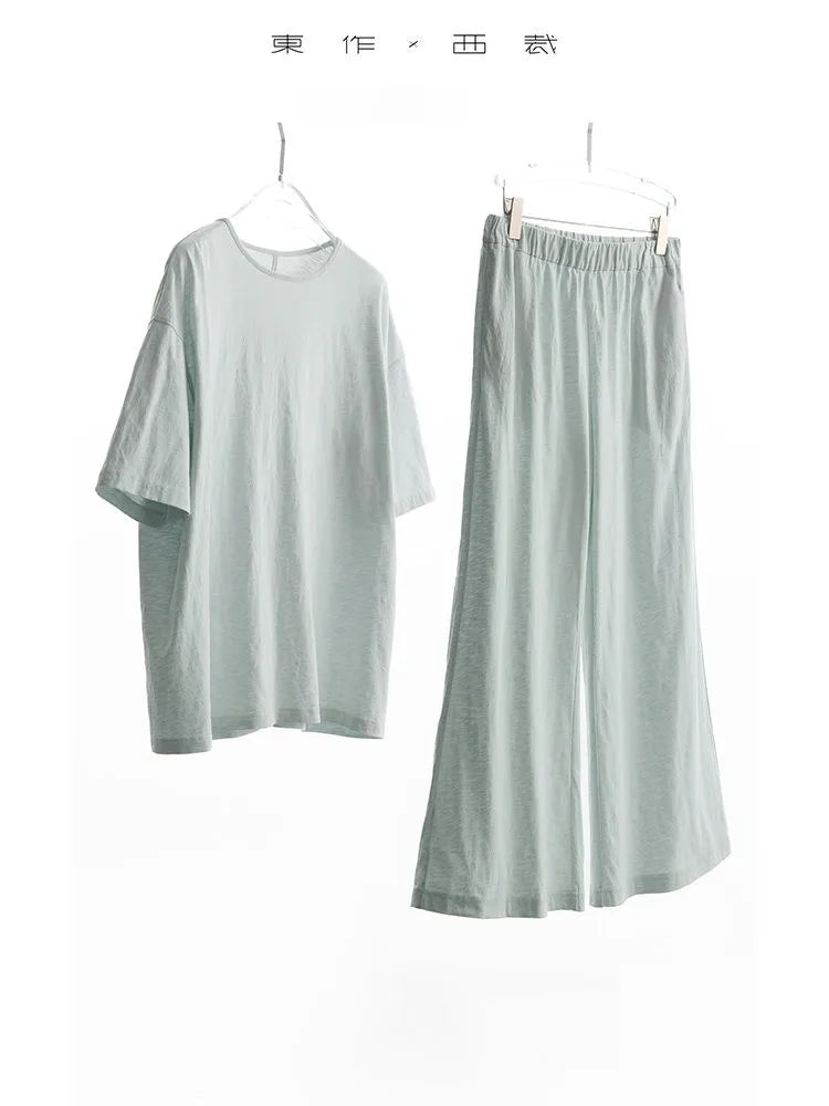 100% Slub Cotton~Women's Matching Sets Short-Sleeved T-Shirt and Flared Pants Two-Piece Loungewear Set 2026 Summer