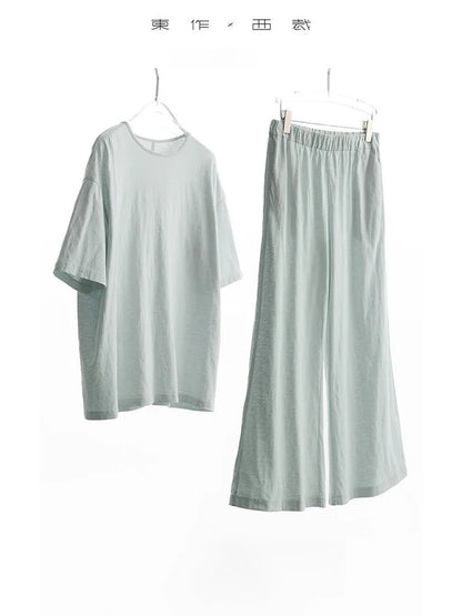 100% Slub Cotton~Women's Matching Sets Short-Sleeved T-Shirt and Flared Pants Two-Piece Loungewear Set 2026 Summer