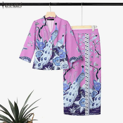 Women Bohemian Dress Sets ZANZEA Stylish Printed Outfits Elegant V Neck 3/4 Sleeve Blouse Maxi Skirt Suit Holiday 2 Pieces Sets