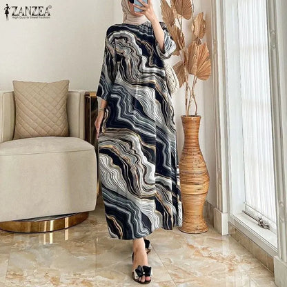 ZANZEA Fashion Casual O Neck Long Sleeve Printed Dress Muslim Dresses Abaya Women Summer Sundress Robe Femme Loose Vestidos
