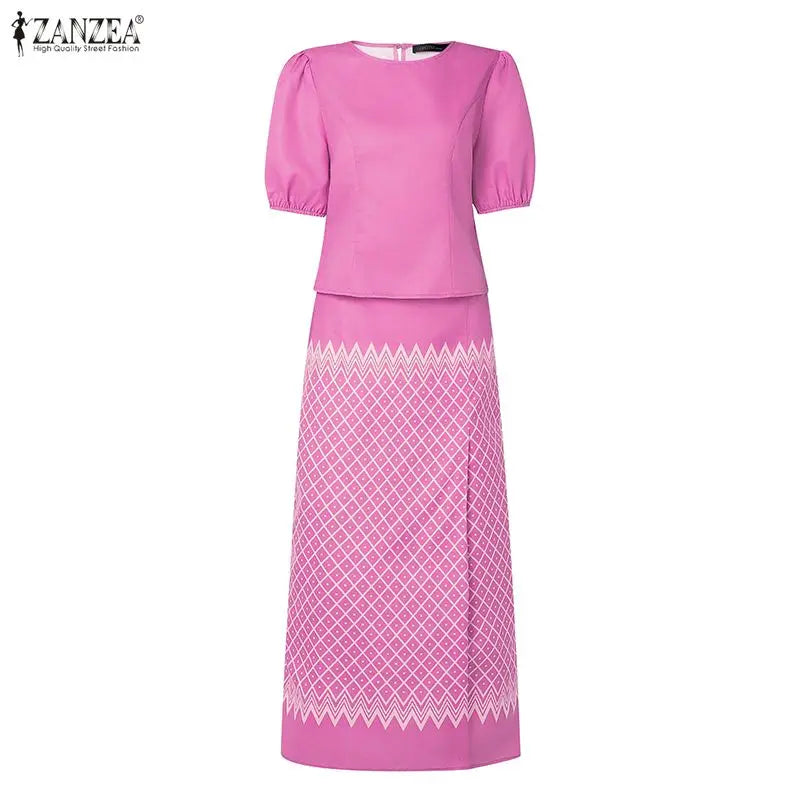 ZANZEA Women 2-Piece Sets Puff Sleeve Solid Crop Top & Geometric Print Maxi Skirt Matching Sets Elegant Date Night Co-ords 3XL