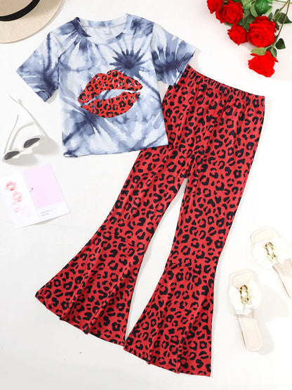 Girls Casual Leopard Print Short Sleeve Top And Flared Pants Long Pants Set for Outdoor Scenarios Spring/Summer Season