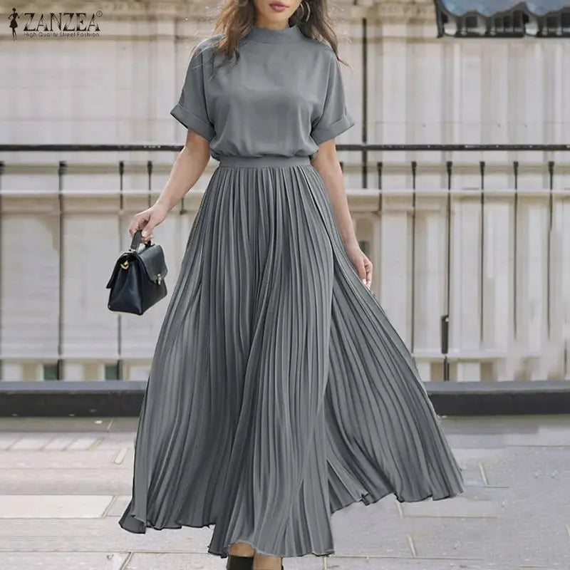ZANZEA Women's Skirt Suits Mock Neck Short Sleeve Blouse & A-Line Pleated Maxi Skirt 2 Piece Sets Streetwear Skirt Sets Outfits