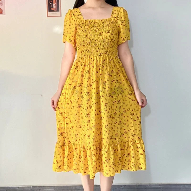 Spring Summer Elastic Waist Short Sleeve Chiffon Dress Women Casual Dresses Female Printed Floral Midi A-Line Dresses Vestidos