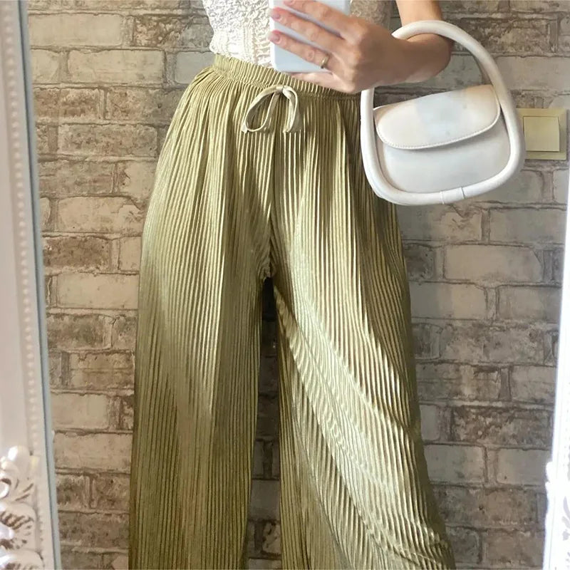 2025 New Women's Summer Thin High-waist Korean Style Non-iron Pleated Straight Leg Solid Loose Drape Wide-leg Pants Dropshipping