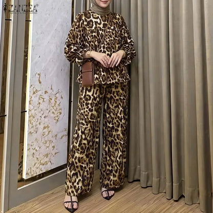 ZANZEA Women Muslim Sets Autumn Leopard Print Two Piece Outfit Ruffle Long Lantern Sleeve Blouse Elastic Waist Wide Leg Pants