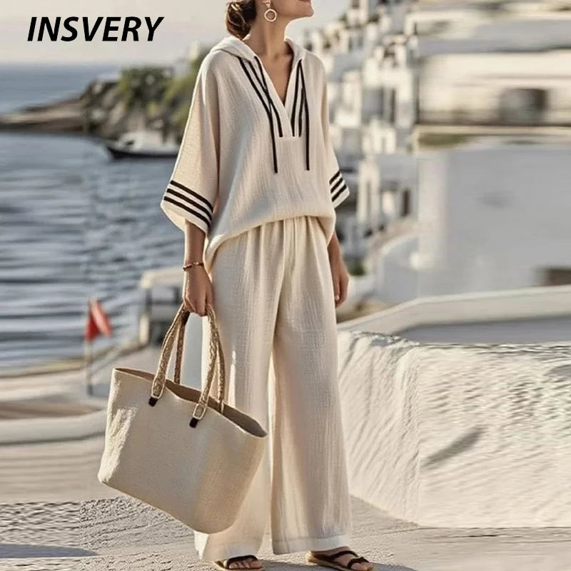 Summer Striped Printed 3/4 Sleeve Hoodies Shirt High Waist Wide Leg Pants Suit Women Casual Loose Two Piece Set Female Tracksuit