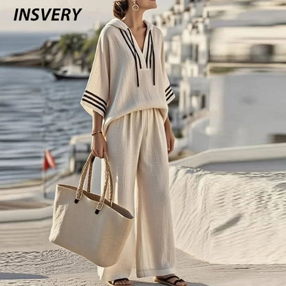 Summer Striped Printed 3/4 Sleeve Hoodies Shirt High Waist Wide Leg Pants Suit Women Casual Loose Two Piece Set Female Tracksuit