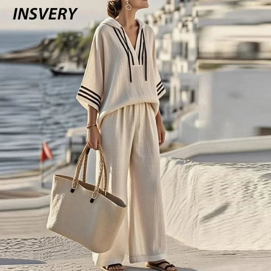 Summer Striped Printed 3/4 Sleeve Hoodies Shirt High Waist Wide Leg Pants Suit Women Casual Loose Two Piece Set Female Tracksuit