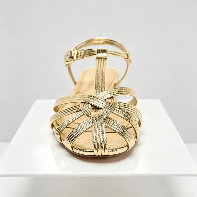 Luxury Gold Flat Sandals Women Summer Hollow Design Gladiator Sandals Comfortable Ankle Strap Casual Beach Shoes Mules Sandalias