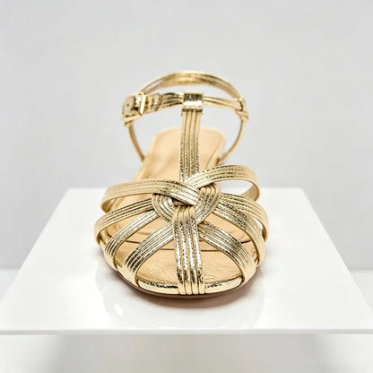 Luxury Gold Flat Sandals Women Summer Hollow Design Gladiator Sandals Comfortable Ankle Strap Casual Beach Shoes Mules Sandalias