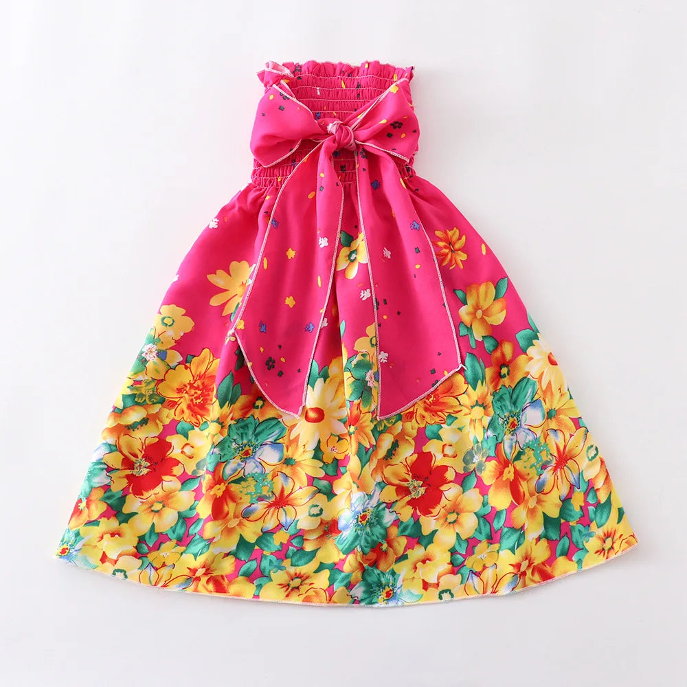Summer Girls New Floral Dress Sling Ruffles Bohemian Beach Princess Dresses for Girl Clothing  2 6 8 12 Years With Necklace Gift