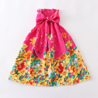 Summer Girls New Floral Dress Sling Ruffles Bohemian Beach Princess Dresses for Girl Clothing  2 6 8 12 Years With Necklace Gift