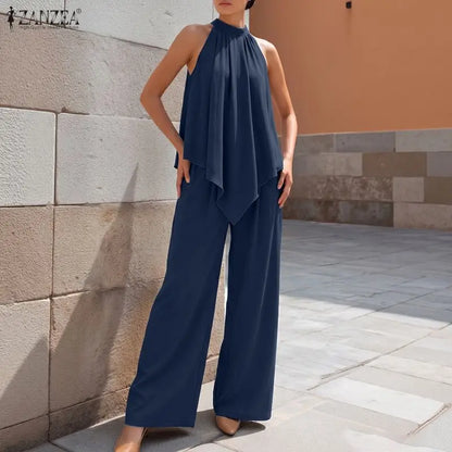ZANZEA Women Street Fashoin Matching Pant Sets Summer Asymmetrical Hem Sleeveless Tops & Wide Leg Pants 2 Pieces Suits Outfits