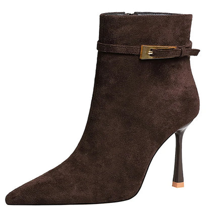 Fashion Sexy High-Heeled Boots Women Shoes Belt Buckle Side Zipper Ladies Ankle Boots Pointed Suede Women Boots Stilettos 9 cm