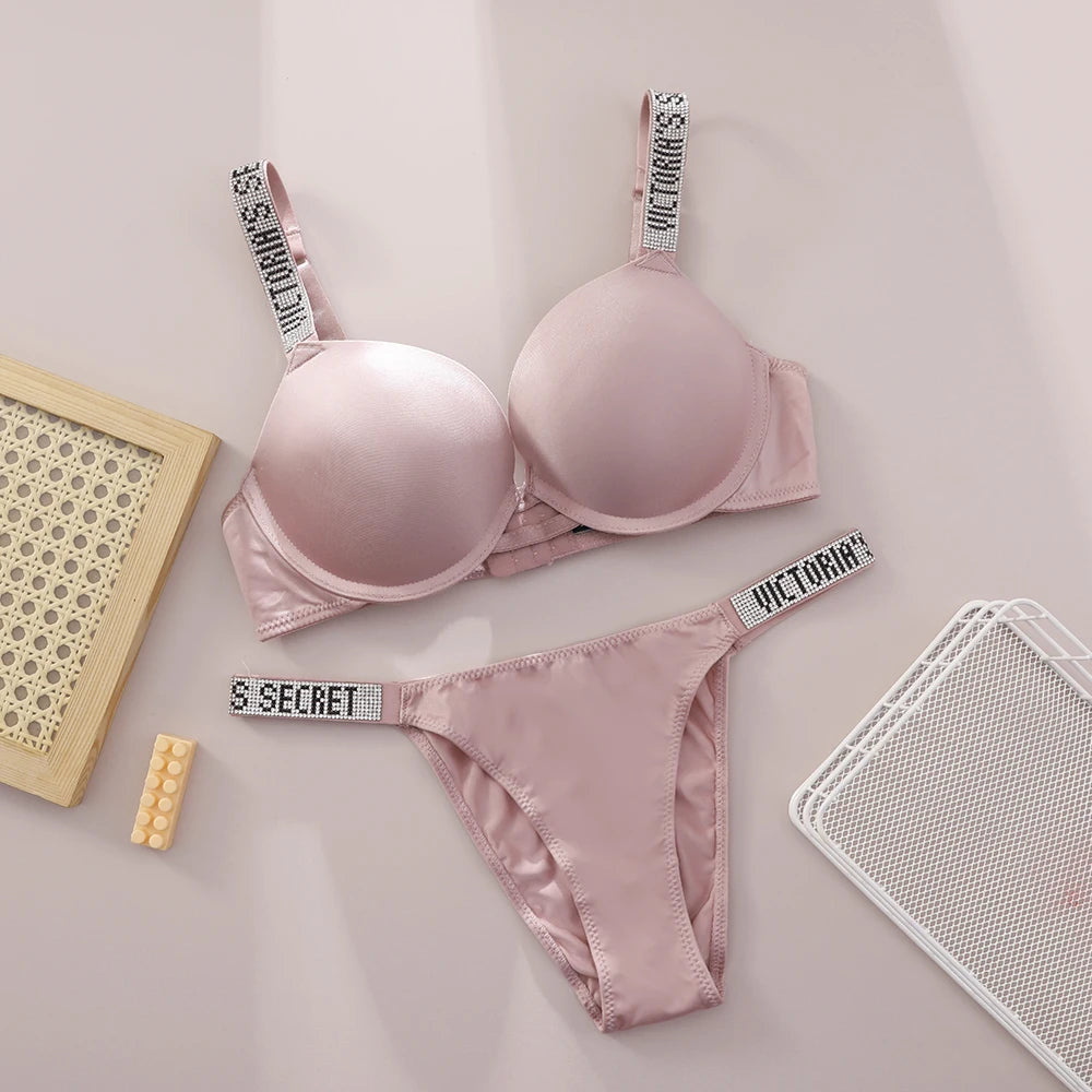 Victoria Secret Shine Script Thong Panty Very Sexy Logo Shine Strap Push Up Bra Set Sexy Women Lingerie Hot