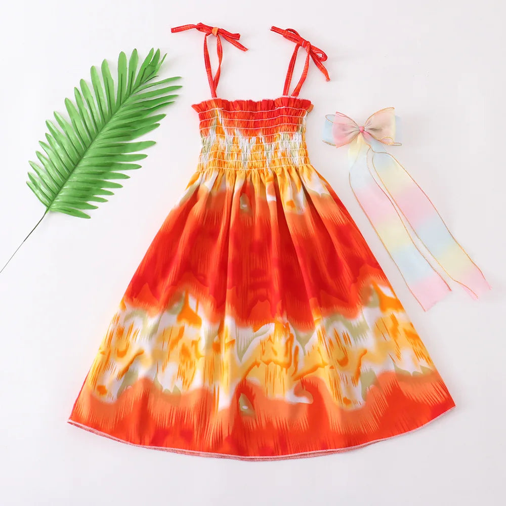 Summer Girls New Floral Dress Sling Ruffles Bohemian Beach Princess Dresses for Girl Clothing  2 6 8 12 Years With Necklace Gift
