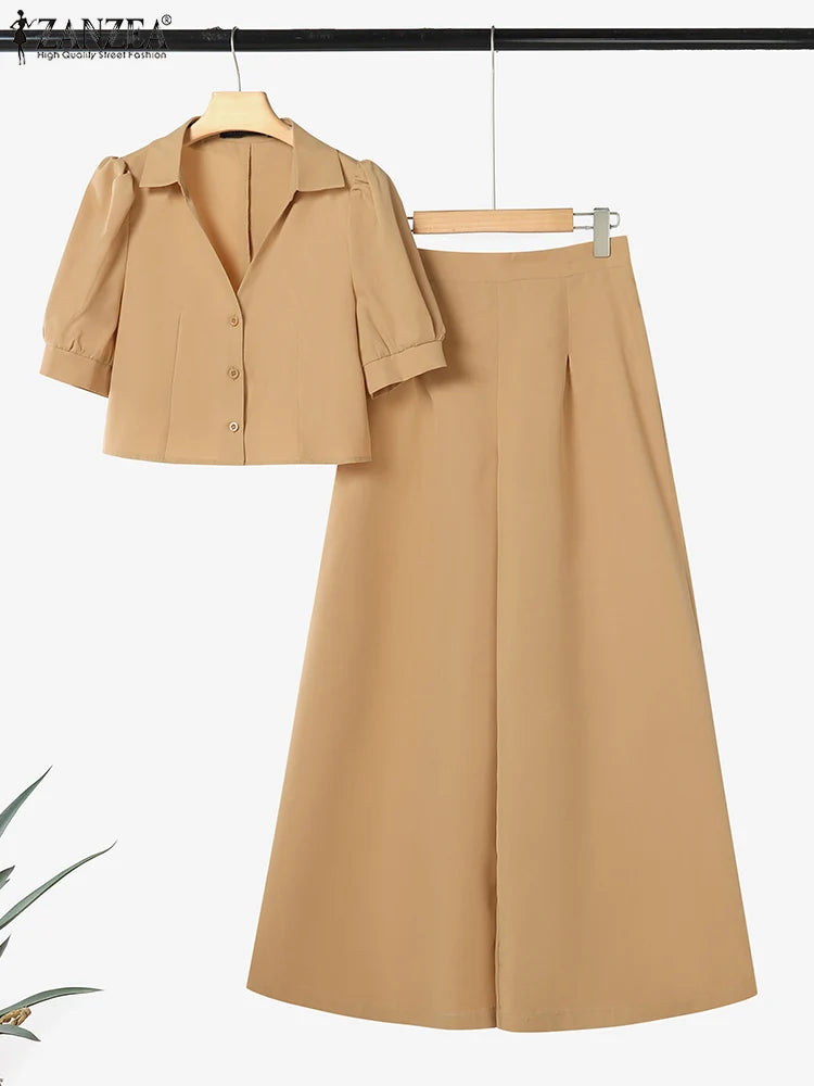 Summer Office Women Two Pieces Sets ZANZEA Elegant OL Work Pant Sets Short Sleeve Cropped Blouse Wide Leg Trousers 2PCS Outfits