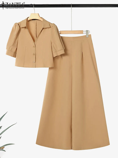 Summer Office Women Two Pieces Sets ZANZEA Elegant OL Work Pant Sets Short Sleeve Cropped Blouse Wide Leg Trousers 2PCS Outfits