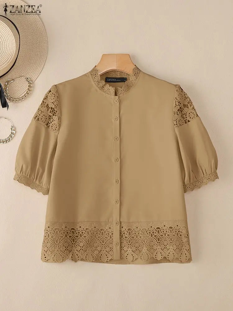 ZANZEA Women's Elegant Lace Patchwork Shirts O-Neck Half Lantern Sleeve Button Up Blouses 2025 Autumn Solid Color Woman Clothing