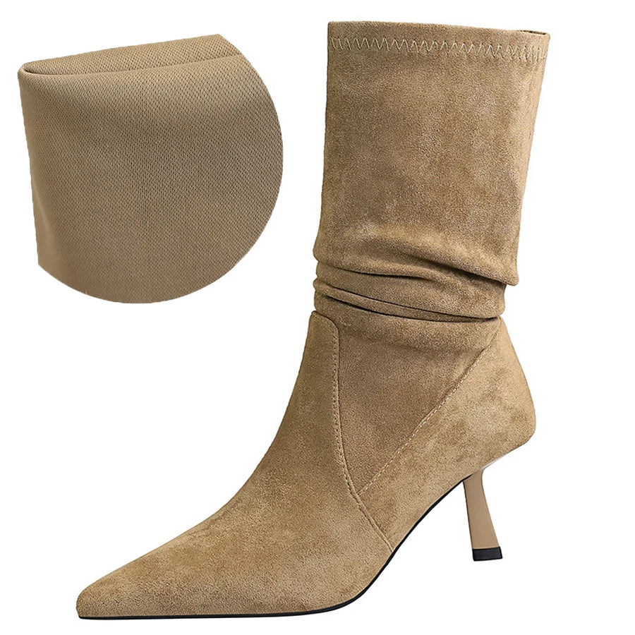 BIGTREE Shoes Women Pleated Elastic Boots Woman Stiletto 6.5 CM High Heel Boots Suede Ankle Boots Fashion Pointed Short Boots