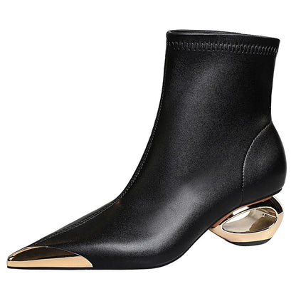 BIGTREE Shoes Metal Pointed Tip Women Boots Hollow Out Heels Women Ankle Boots Female Suede Short Boots Mid Heel Shoes Fashion