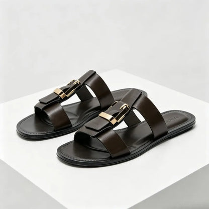 Punk Style Metal Buckle Decoration Flat Sandals Women Stitching Design Women Slippers Summer Comfortable Open Toe Slide Sandals