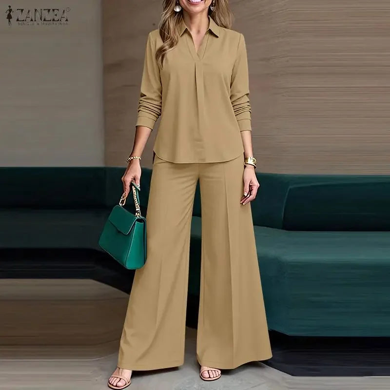 2026 ZANZEA Office Lady Pants Sets Women V Neck Long Sleeve Tops Wide Leg Trousers Suit 2026 Spring Solid Work Outfits Tracksuit