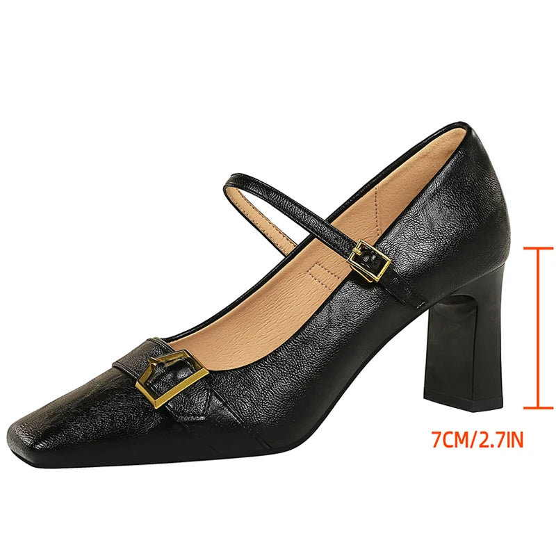 BIGTREE Shoes Metal Belt Buckle Women Pumps Square Head High Heels Thick Heeled Shoes With Women Heels 7 CM Retro Ladies Pumps