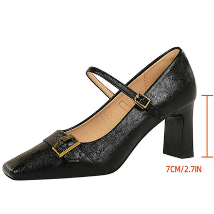 BIGTREE Shoes Metal Belt Buckle Women Pumps Square Head High Heels Thick Heeled Shoes With Women Heels 7 CM Retro Ladies Pumps