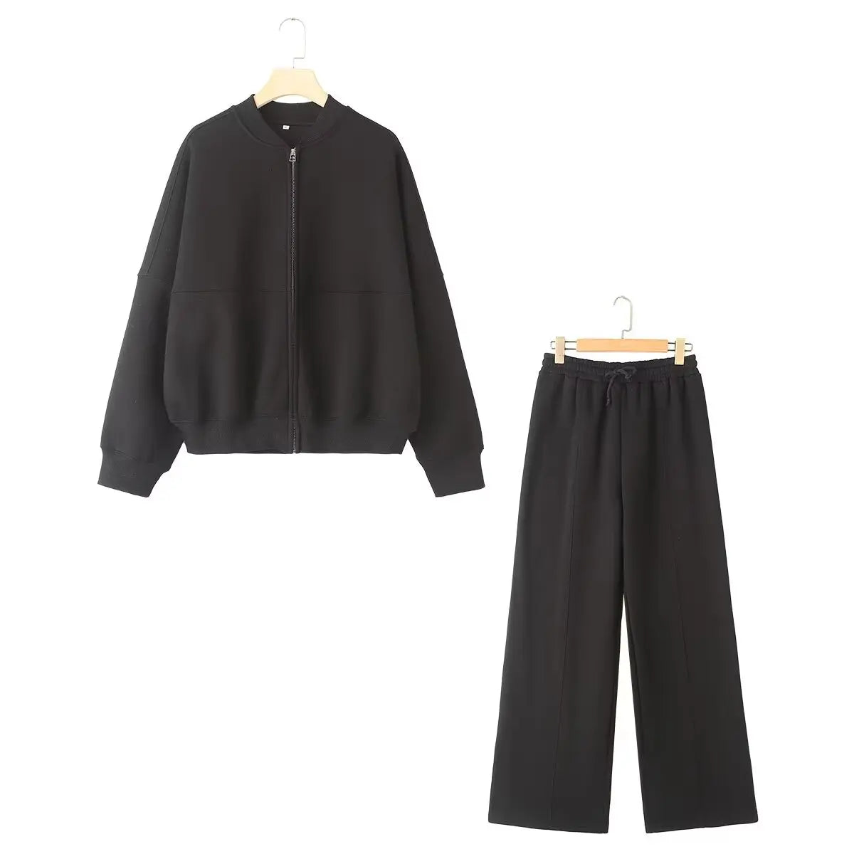 HH Women's 2-piece Retro Solid Color Zipper Bomber Jacket Sweatshirt + High-waisted Lace-up Women's Loose Velvet Pants Suit