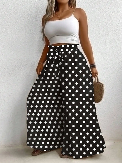 Plus Size Women's Clothing Loose Comfortable Commuting Casual Style Summer Printed Long Pants Elastic Waist Drawstring Draped Wide Leg Pants