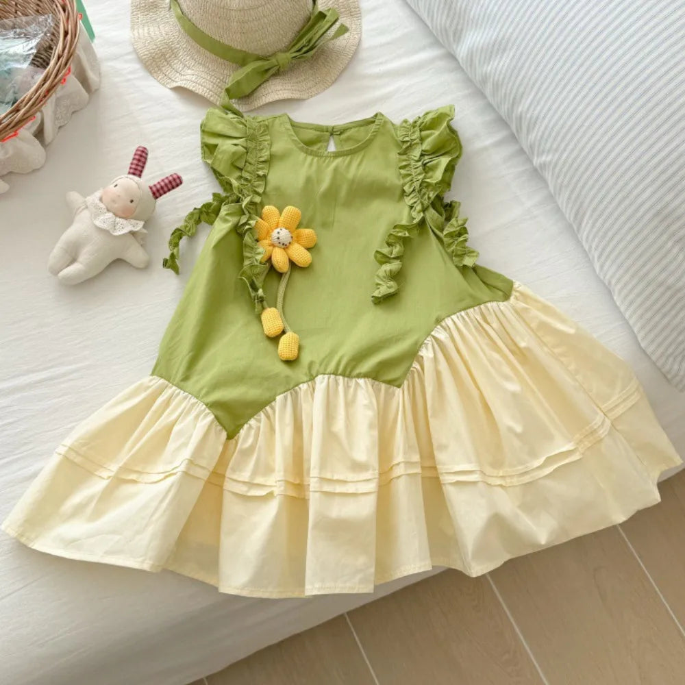 Summer Girls Fashion Sleeveless Cute Flower Decoration Sweet Ruffled Princess Dress 1 Pc 2-7 Years Kids Daily Casual Clothes