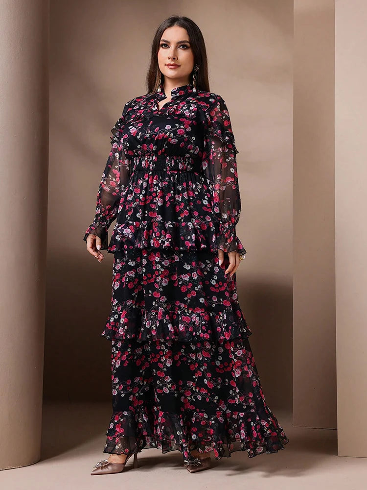 TOLEEN Spring Summer Plus Size Women's Elegant Floral Print Mesh Flare Sleeve Dress 2024 New in Casual V-Neck Party Long Dresses