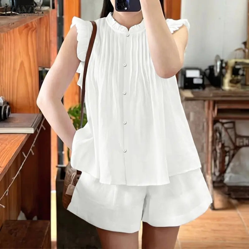 ZANZEA Women 2 Pieces Matching Short Sets Summer Ruffled Trim O-Neck Flying Sleeves Pintuck Tops & Elastic Waist Shorts Suits