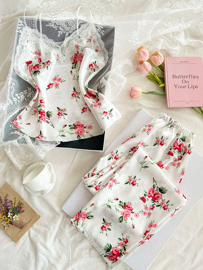 Women 2 Piece Set Elegant And Romantic Printed V Neck Lace Top And Pants Comfortable And Breathable Women's Clothing