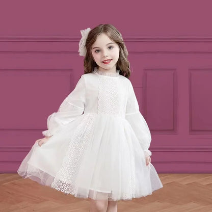 Spring Autumn Kids Girls Dresses Lantern Sleeve Lace Princess Dress Pearl Sweet O-neck Mesh Party Children's Clothing Vestidos