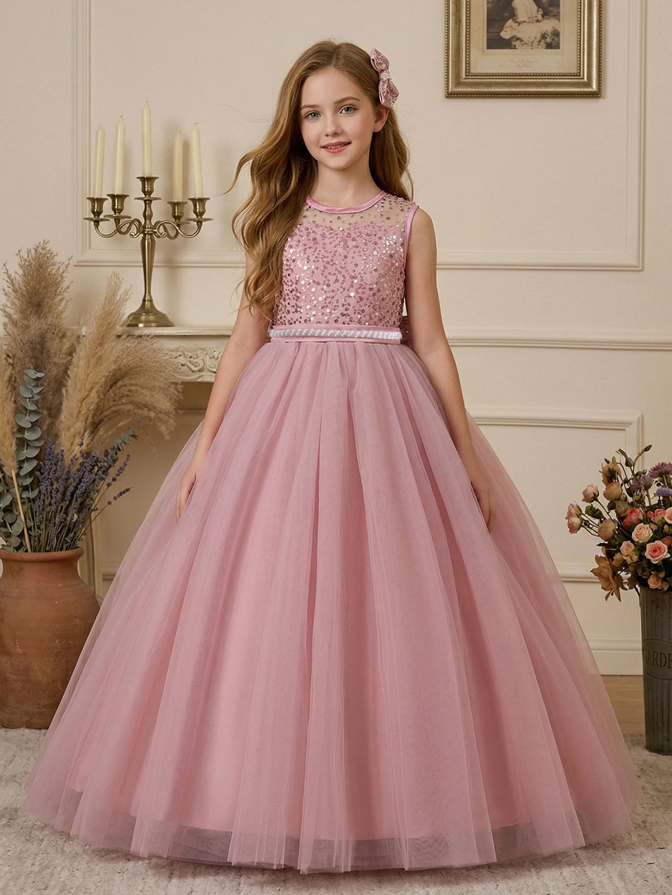 Girl Party Dress Pink Long-style Evening Dress with Large Bow V-neck A Magnificent Evening Dress, Birthday Party, Ball, Banquet