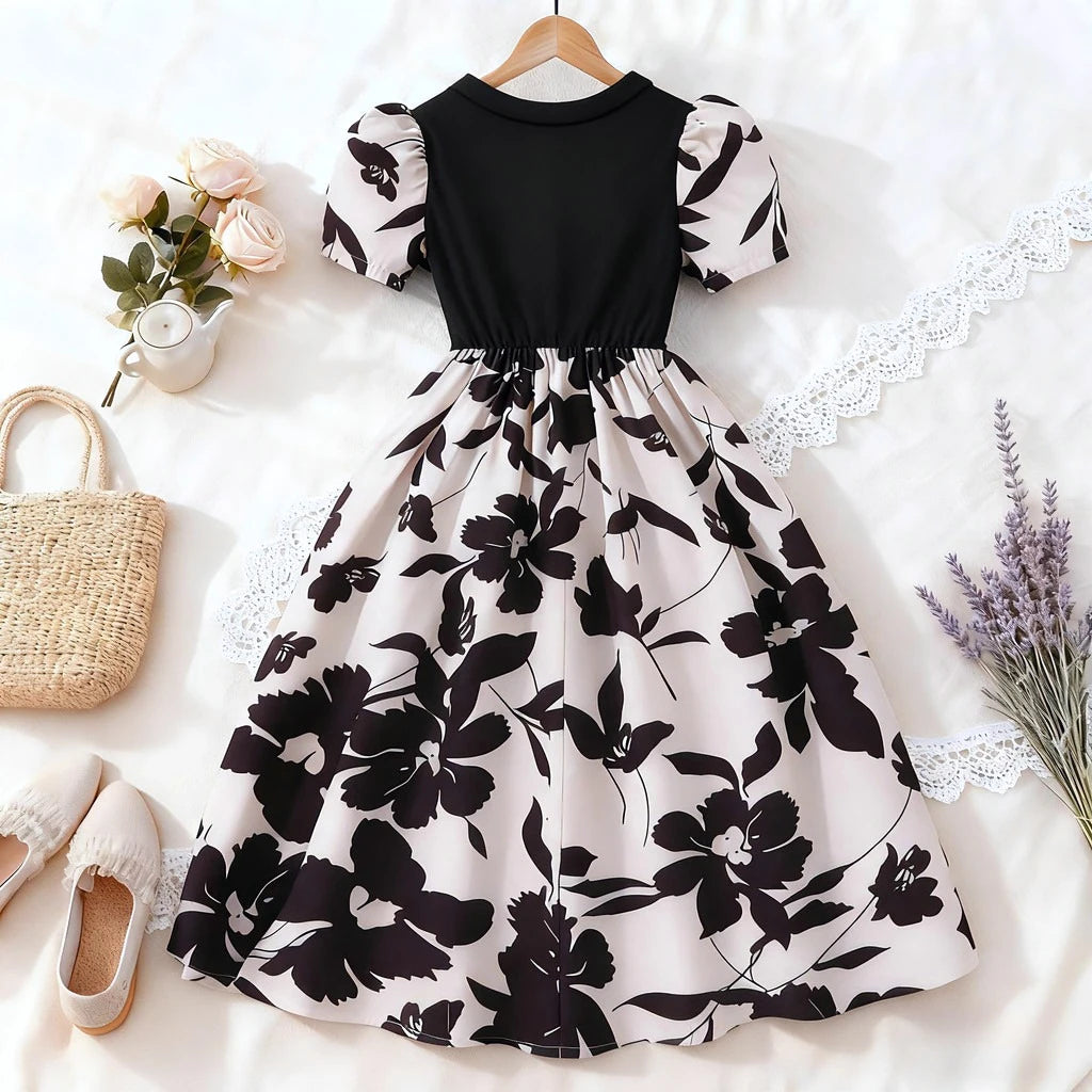 New Children Black Floral Dress Summer Short Sleeve Casual Vacation Kids Girl Dresses Cute Fashion Teen Dress 7 8 9 10 11 12 Yrs