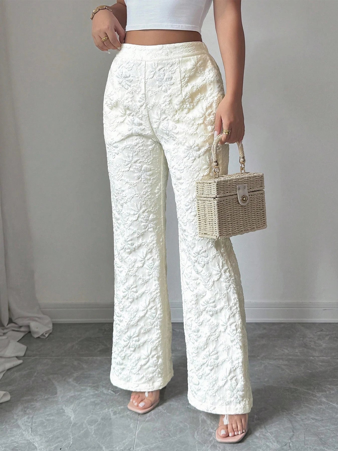Women's Apricot Wide Leg Pants 3D Floral Embossed High Waist Flared Pants Elegant Casual Spring Summer Vacation Office Trousers