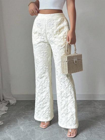Women's Apricot Wide Leg Pants 3D Floral Embossed High Waist Flared Pants Elegant Casual Spring Summer Vacation Office Trousers