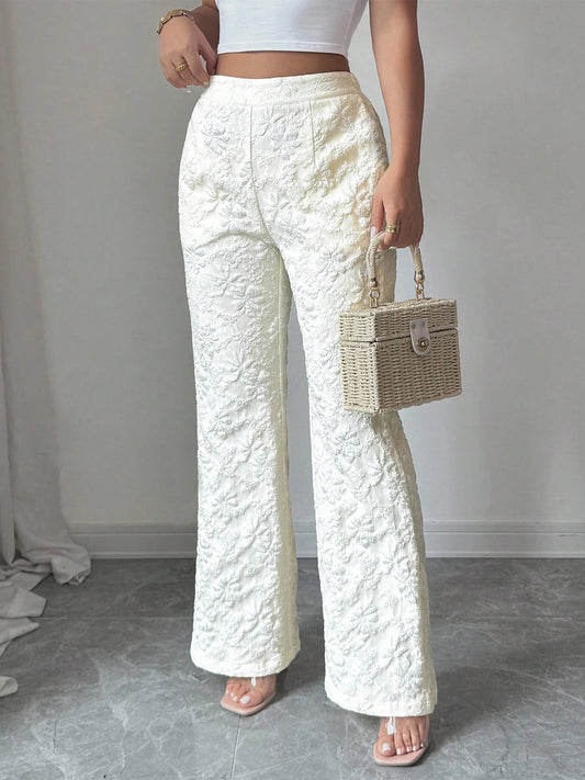 Women's Apricot Wide Leg Pants 3D Floral Embossed High Waist Flared Pants Elegant Casual Spring Summer Vacation Office Trousers