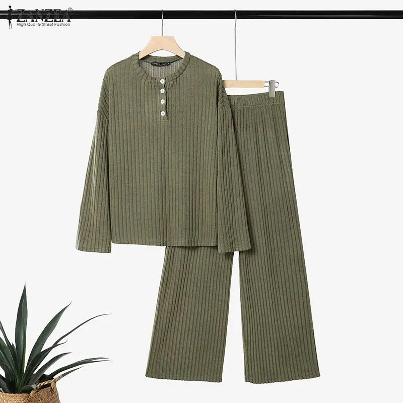 ZANZEA Women Ribbed Knit Pant Sets O-Neck Long Sleeve T-Shirt & Elastic Waist Pant 2 Piece Matching Sets Autumn Casual Co-ords
