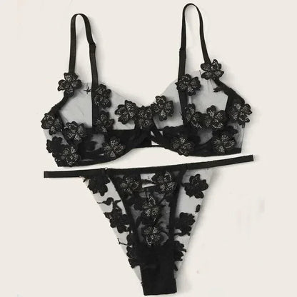 Toucheart Sexy Lingerie Set Transparent Feminine Sweet Mesh Embroidered Lace Bra Flower Applique Transparent Lingerie Women Kit