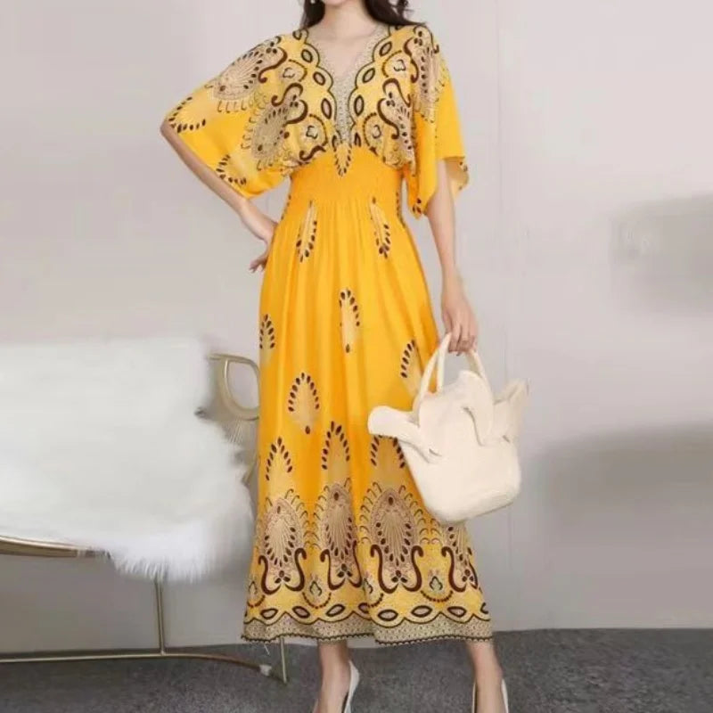 Women Bohemian Ethnic Printed Holiday Dress V-Neck Elastic Waist Casual Batswing Sleeve Mid Dress Elegant Vintage Retro Dress