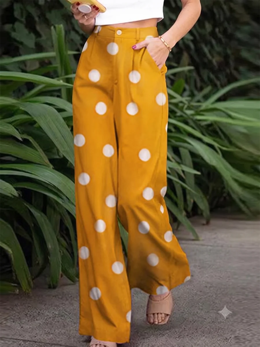 Plus Size Polka Dot Wide Leg Pants Women Summer High Waist Casual Loose Yellow Palazzo Trousers with Pockets Fashion Streetwear